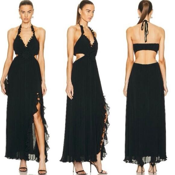 LOVESHACKFANCY Talitha Maxi Dress Crinkle Halter Gown in Black Ruffle Slit Sz L - Picture 2 of 14